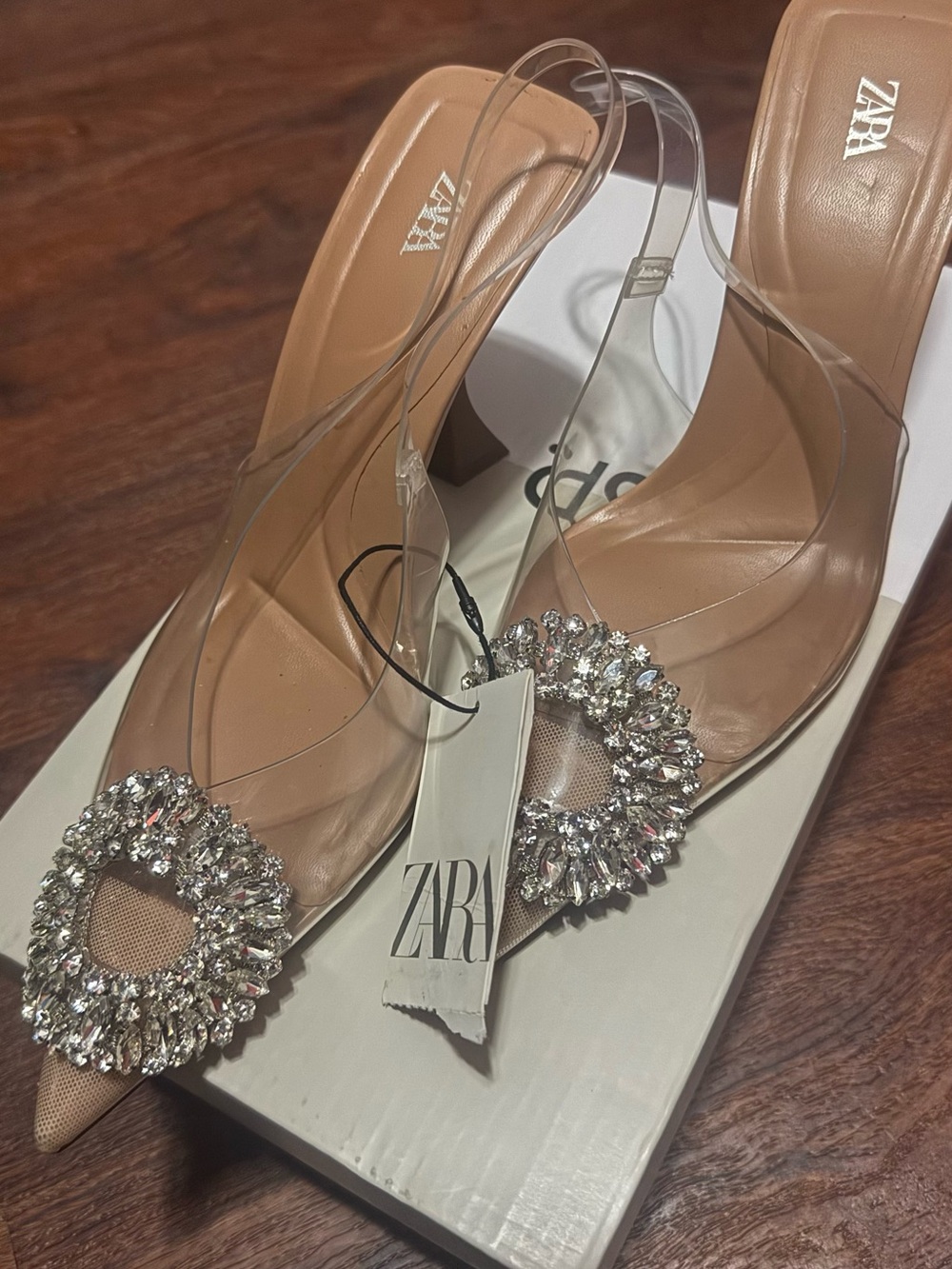 ZARA Clear Slingback Heels with Nude Insole and Crystal Rosette